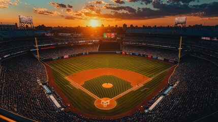 Aerial view of illuminated baseball stadium surrounded by trees at sunset