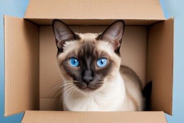 There is a blue-eyed Siamese cat in a cardboard box