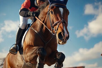 Horse and rider jumping over a fence during an equestrian competition on a sunny day in the countryside