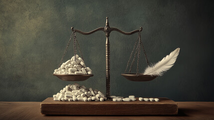 A pair of scales tipped heavily in favor of a pile of pills on one side, with a single feather on the other