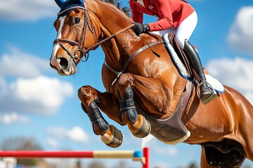 A rider in red and white jumps a horse over a colorful obstacle at a sunny equestrian event in a vibrant outdoor arena