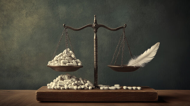 A pair of scales tipped heavily in favor of a pile of pills on one side, with a single feather on the other