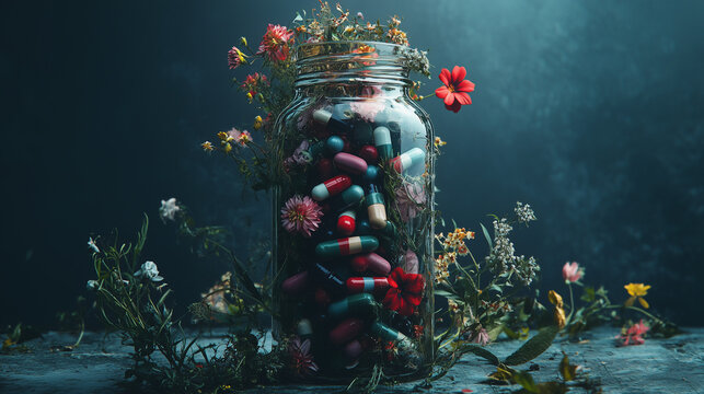 A pill bottle overflowing with flowers and vines, juxtaposing the natural beauty with the dark connotation of narcotics