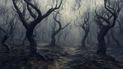 Surreal scene of a forest where the trees have syringes for branches, creating an eerie, desolate landscape