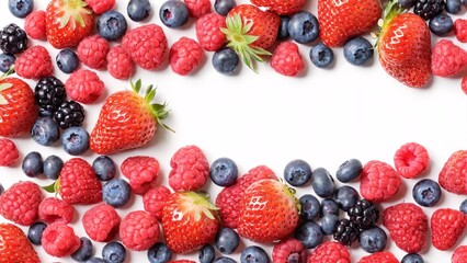 Obraz premium Organic fresh berries including strawberries, blueberries, and raspberries on white background with ample copy space. Berry medley concept.