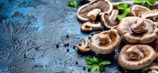 Fototapeta premium Fresh brown mushrooms on a blue background. Closeup photo of organic mushrooms with parsley and black pepper.
