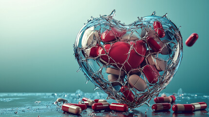 A human heart made of glass, with cracks forming and pills spilling out, representing the fragility of life in addiction