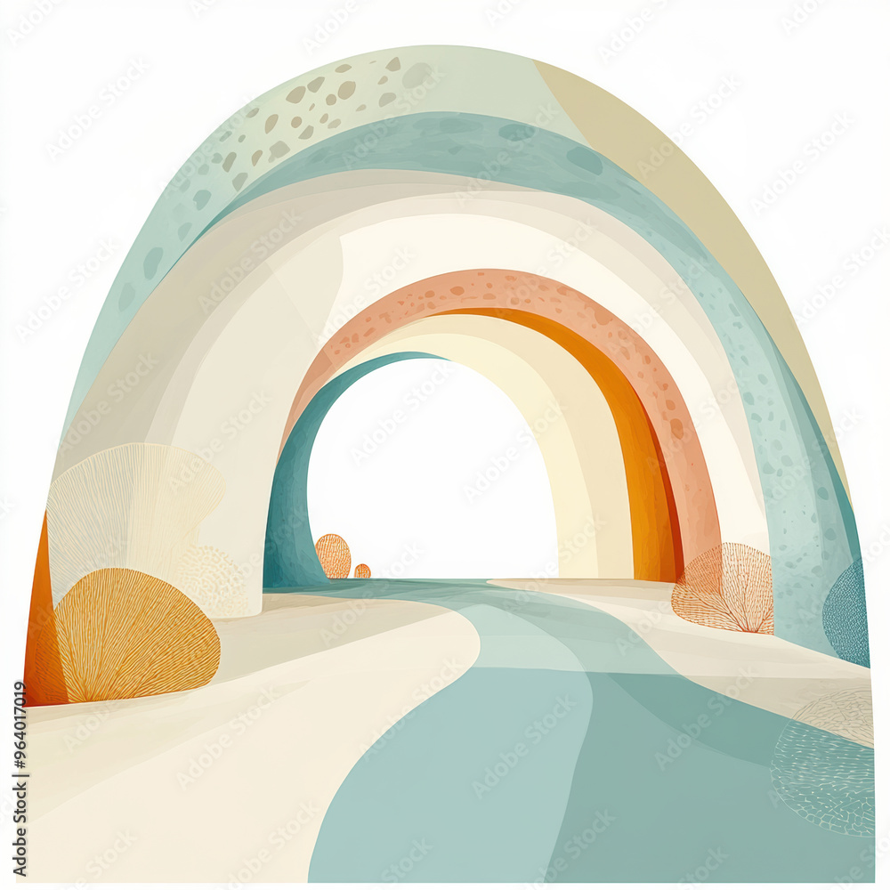 Poster a colorful abstract landscape featuring soft curves and gentle hues, creating serene atmosphere. des