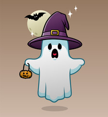 Friendly Halloween Ghost: A cute cartoon ghost wearing a purple witch hat, holding a small pumpkin basket, with a crescent moon and bat in the background, capturing the festive spirit of Halloween
