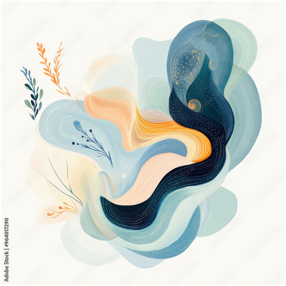 Aufkleber abstract illustration featuring flowing shapes and delicate botanical elements in soft colors. desig