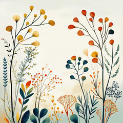 Colorful floral illustration featuring various plants and flowers in shades of orange, yellow, and green against light background.