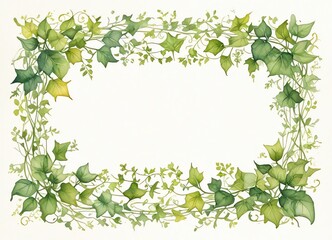 Fototapeta premium An airy watercolor illustration of a rectangular frame made of delicate green ivy leaves and vines