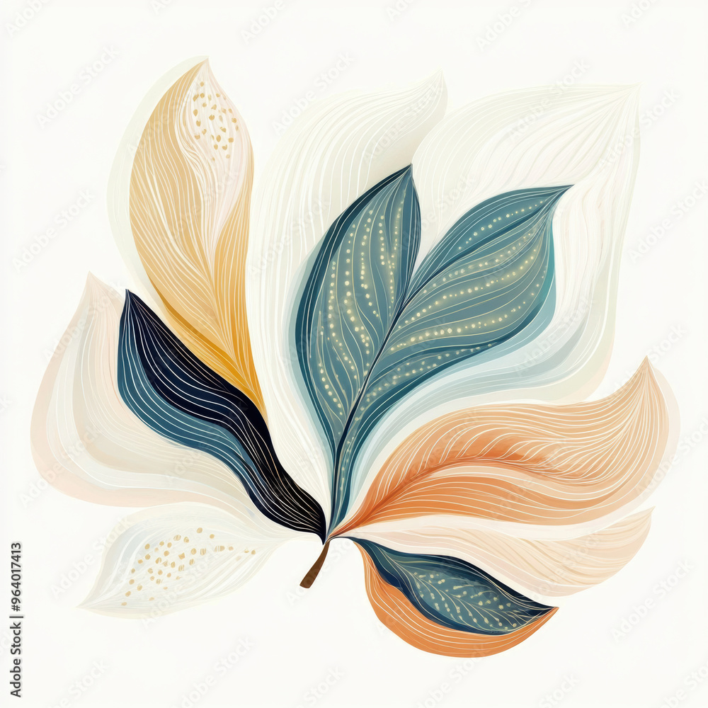 Poster elegant abstract illustration of colorful leaves with intricate lines and patterns, showcasing blend