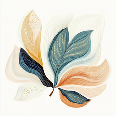 Elegant abstract illustration of colorful leaves with intricate lines and patterns, showcasing blend of soft hues.