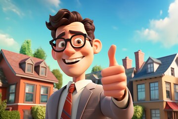 Character Businessman with thumbs up gesture. Real estate concept. 3D Rendering