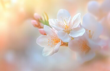 blooming white apricot blossom on a branch in spring