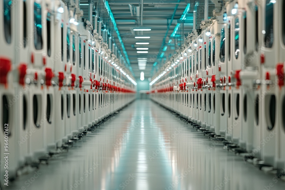 Poster rows of automated machines in a modern manufacturing facility showcasing advanced technology during 