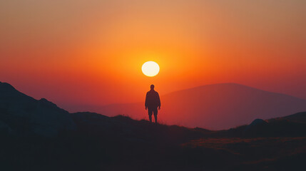 Obraz premium A person standing against stunning sunset fading behind mountain, creating serene and contemplative atmosphere.