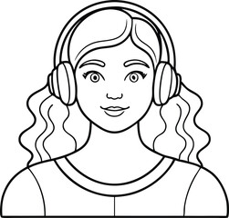 Woman listening music in headphone illustration black and white