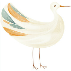 Stylized illustration of bird with colorful feathers, showcasing whimsical design. bird features light color palette and intricate feather details, evoking sense of charm and creativity.