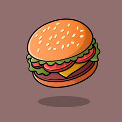 A colorful hamburger with sesame seeds on the bun, lettuce, cheese, and a meat patty, casting a small shadow on a plain background