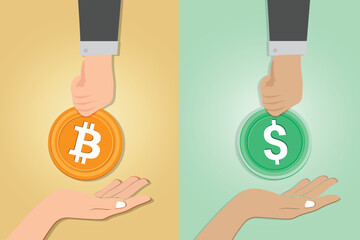 Businessman giving golden bitcoin to another human. two hands exchanging cryptocurrency. illustrator cartoon art