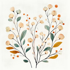Delicate floral illustration featuring soft peach and green tones, showcasing branches with round blossoms and leaves, creating serene and elegant composition.
