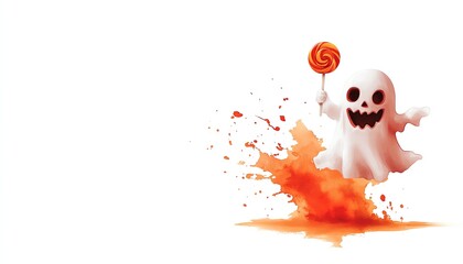 Happy candy ghost character clipart, Halloween element, watercolor illustration, defined outlines, ghost holding a lollipop, isolated on white background
