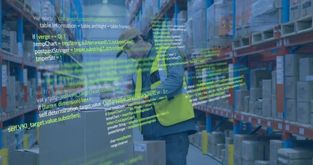 Animation of data processing over caucasian male worker in warehouse - Powered by Adobe