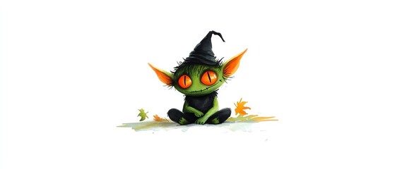 Naklejka premium Playful goblin character clipart, Halloween element, watercolor illustration, crisp lines, small and mischievous, isolated on white background