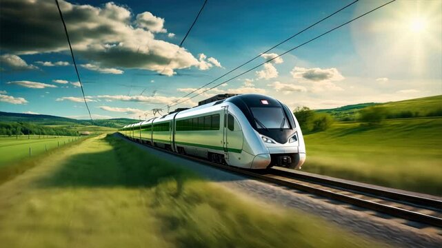 A modern passenger train speeding through a picturesque countryside,	