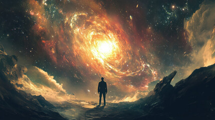 Obraz premium A figure stands in awe before swirling galaxy, embodying sense of wonder and exploration in vastness of space.