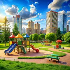 playground for kids in summer park cityscape