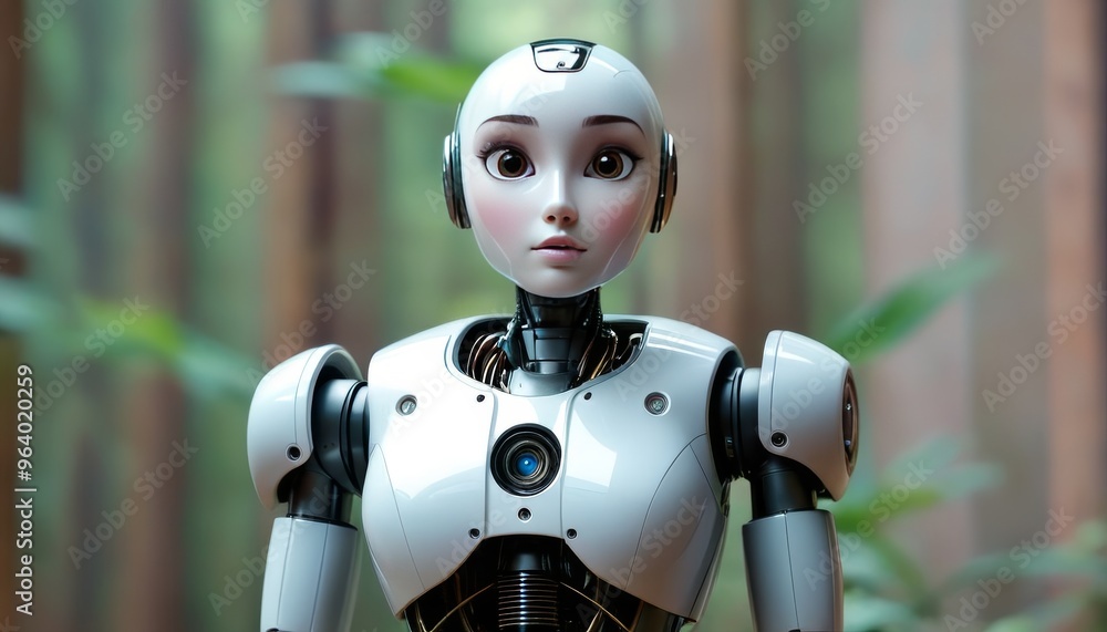 Poster a white humanoid robot with a sleek design stands in a forest setting. the robot. ai generation