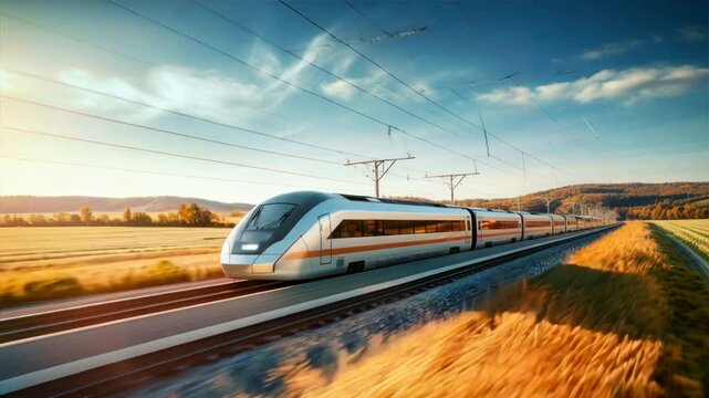A modern passenger train speeding through a picturesque countryside,	
