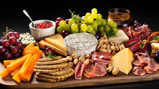 Variety of cheeses and cured meats on a slate board	