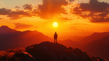 Fototapeta premium A person stands on mountain peak, silhouetted against vibrant sunset with warm orange and yellow hues illuminating sky.