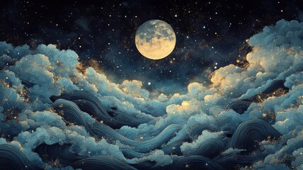 Night sky in Art Nouveau style featuring elegant curves and detailed patterns, blending celestial forms with artistic, flowing lines.