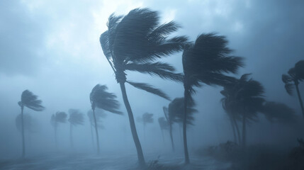 Bending palm trees sway dramatically in gale force winds during tropical storm, creating powerful and intense atmosphere.