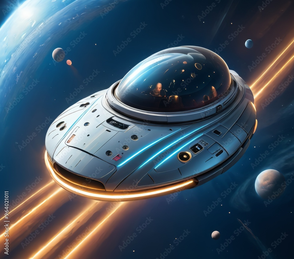 Poster a sleek, futuristic spacecraft navigating through space, surrounded by planets and stars. the design