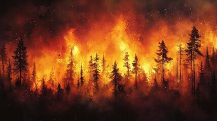 Forest fire rendered in watercolor style, capturing the intensity and movement of the fire with fluid brushstrokes and vibrant gradients.