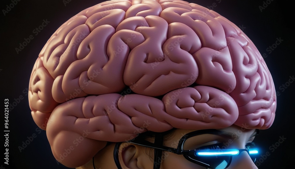 Poster close-up of a human brain with futuristic glowing glasses. the image portrays advanced technology in