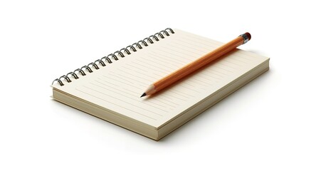 Blank notebook with pencil, isolated on white background. Ready for writing, notes, ideas.