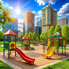 playground for kids in summer park cityscape