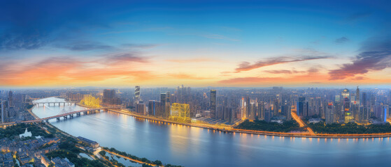 Sunrise Over Bustling City Skyline Panorama
