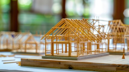Blueprints for wooden frame house model under construction with text space. Concept Wooden Frame House Model, Construction Blueprints, Text Space 