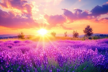 Wonderful nature landscape, amazing sunset scenery with blooming lavender flowers. Moody sky, pastel colors on bright landscape view. Floral panoramic meadow nature in lines with trees and horizon, ai