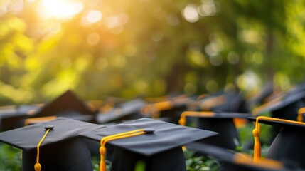 Blurred background of graduation caps in a sunny university campus setting. Concept Graduation Photoshoot, University Campus, Sunny Day, Blurred Background, Caps Theme 
