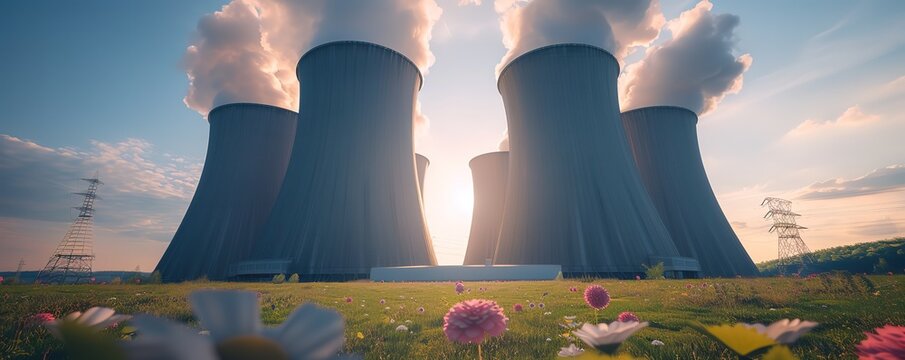 A wide shot of a nuclear power plant with smoke coming from the cooling towers. The sun is shining in the background.