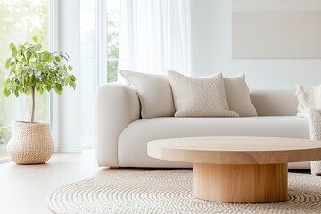 organic modern living room with neutral tones, featuring a low profile beige sofa with textured throw pillows, a round wooden coffee table, and an earth toned wool rug